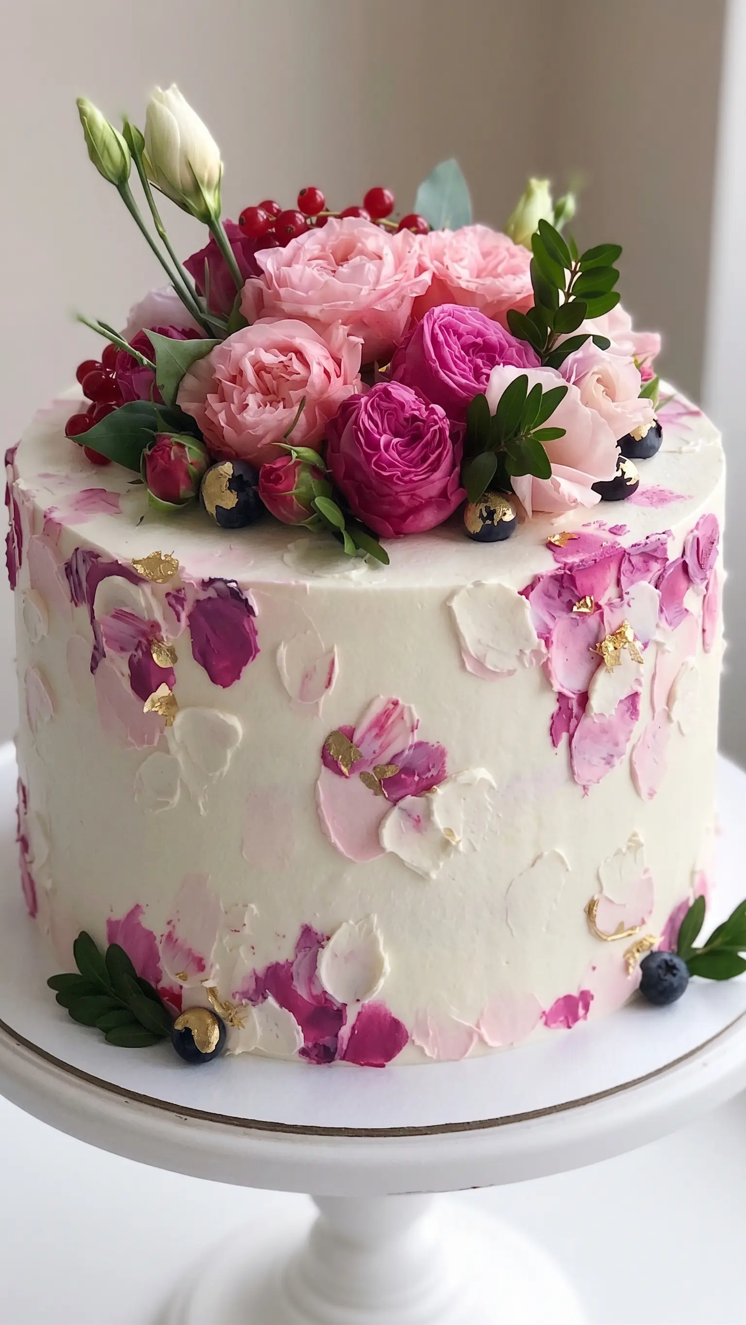 White special event cake decorated with pink flowers, berries, textured floral details and gold accents